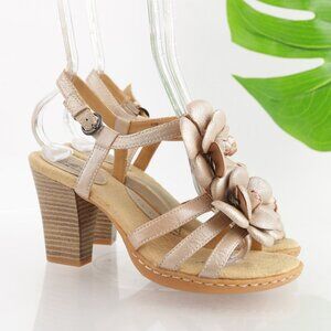 Born Womens Hollyhock Sandals Size 7 Gold Leather T-Strap Big Flowers Block Heel
